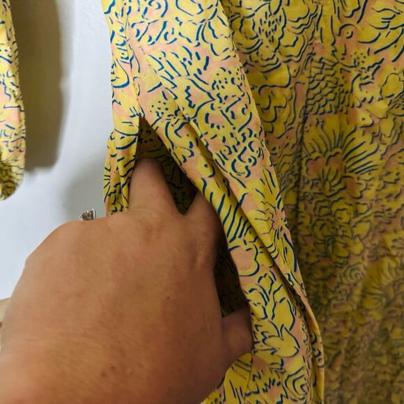 DEREK LAM COLLECTIVE Paisley Yellow Floral Puff Sleeves Flared Hemline Dress 48 - Picture 9 of 12